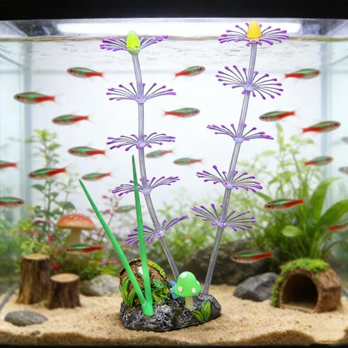 Soft Silicone long Coral Decor with Dynamic Swaying Motion, Weighted Base Aquarium Ornament for Lifelike Reef Aesthetic in Freshwater Saltwater Fish Tank, Safe Shelter for Invertebrates (Purple) - color: Purple