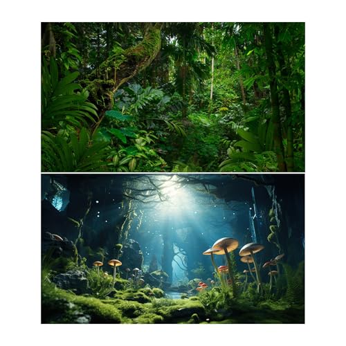 2 Packs Tropical Rainforest Aquarium Background Fantasy Forest Fish Tank Background Jungle Style Mushrooms Reptile Tank Backgrounds Stream Lake Green Leaves Reptile Enclosure Backgrounds 24x12in - color: Green_Blue, size: 24(W)x12(H)inches/ 60(W)*30cm(H)