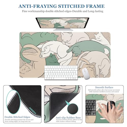 Desk Pad Cat, Desk Matt for Desktop, Cute Sleeping Cat Gaming Mouse Pad Extend XXL Large Desk Mat Anti-Slip Stitched Edges Waterproof Computer Laptop Keyboard Mat for Game, Home, Work, Office - color: Sleeping Cat, size: 31.5" x 15.7"