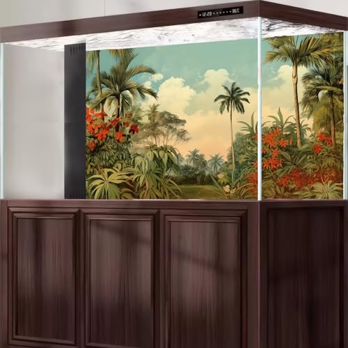 Watercolor Tropical Plants Aquarium Background Majestic Hand Drawn Rainforest Fish Tank Background Stunning Jungle Woodlands Terrarium Backgrounds Painting Palm Leaves Reptile Tank Backgrounds 24x12in - color: Brown_Green, size: 24(W)x12(H)in