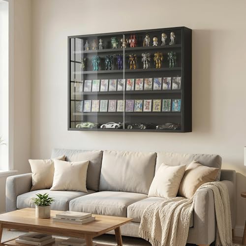HOMCOM 5-Tier Display Cabinet, Glass Door Cabinet with Adjustable Shelves, Wall-Mounted Display Case for Playroom, Bedroom, Jet Black - color: Jet Black