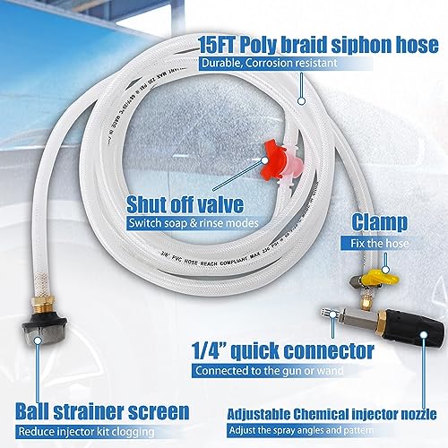 JOEJET Downstream Injector for Pressure Washer, Adjustable Chemical Injector Kit, Variable Power Washer Long Range Nozzle External Injection, 1/4 Inch Quick Connect - size: 15 FT, style: 4-4.5 Gallons
