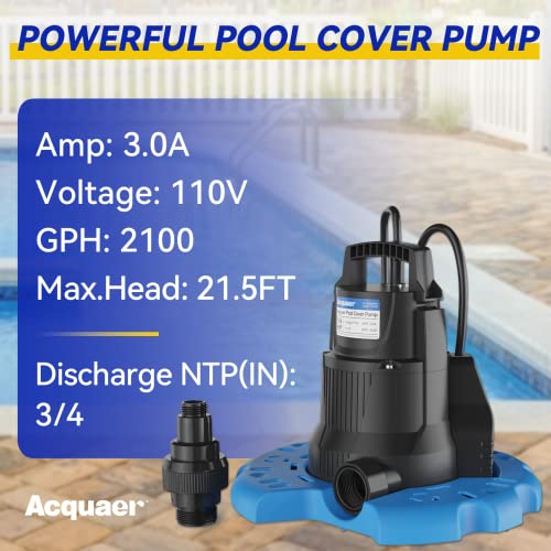 Acquaer 1/3 HP Automatic Swimming Pool Cover Pump, 2950 GPH Submersible Sump Pump with 3/4” Check Valve Adapter & 25ft Power Cord, Water Removal for Pool, Hot Tubs, Rooftops, Water Beds, Black & Blue - color: Black & Blue