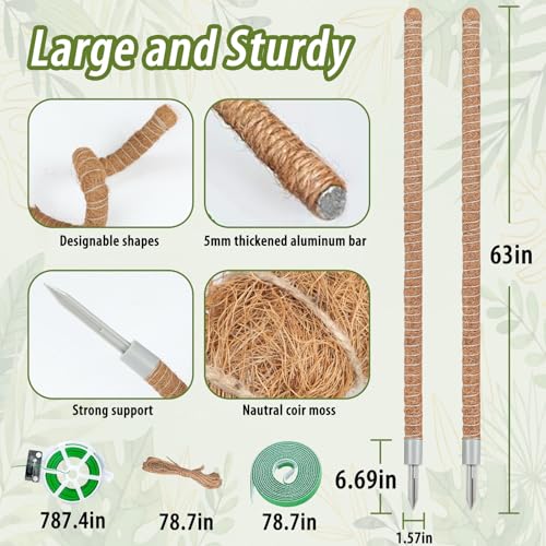 2 Pack Moss Pole, 63 Inch Monstera Plant Support, Moss Poles for Climbing Indoor Plants, Bendable Coco Coir Plant Support Stakes for Potted Plants, Pothos, Philodendron - size: 63"- 2 pack