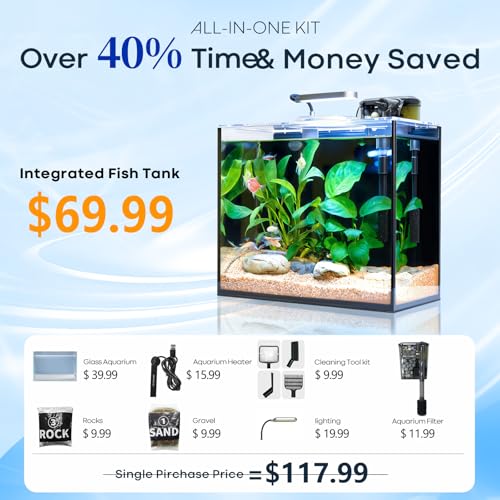 2.6 Gallon Small Aquarium Set Glass Fish Tank, Starter Kit with Heater Water Pump Cleaning System Filter Bright Light Rocks Gravel Cleaning Tool, Leak-Proof Clear Rimless Desktop Spaces Saving Betta