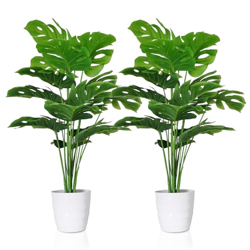 SAJANDAS Set of 2 Artificial Monstera Deliciosa Plants in Pots, Fake Tropical Palm Tree with Greenery Leaves Stems, 28 Inch Artificial Cheese Plant for Home Bathroom, Office, Windowsill Decor - size: 28 inch