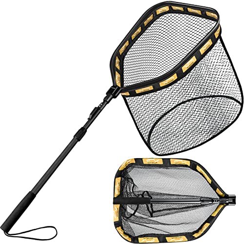 PLUSINNO Floating Fishing Net for Steelhead, Salmon, Fly, Kayak, Catfish, Bass, Trout Fishing, Rubber Coated Foldable Landing Net with Fixed or Telescoping Pole Handle, Fishing Gear and Gifts for Men - color: 19.7"/50cm Hoop Size length 1.5M Orange (Teles