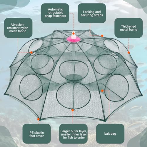2 Pack Crawfish Traps 8-Sided 16-Entrance Fishing Net Foldable Fishing Bait Trap Cast Net Cage with Pull Rope, Bait Bag & Floating Ring for Catching Minnow Fish Crayfish Shrimp Crab Lobster