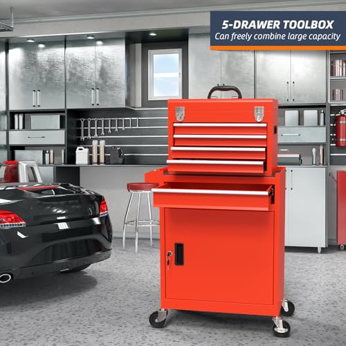 5-Drawer High Capacity Rolling Tool Chest, Removable Cabinet Storage Tool Box with Wheels and Drawers, Detachable Toolbox with Lock for Mechanics Garage Workshop and Tool Room (Red) - color: Red