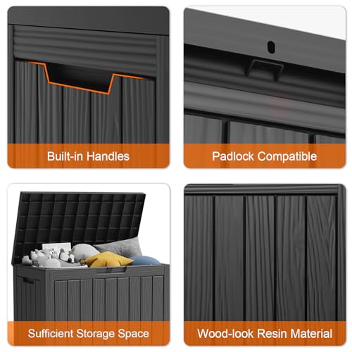 PatioZen 45 Gallon Resin Deck Box, Lockable Patio Outdoor Storage Box for Furniture, Garden Tools and Tools Storage, Waterproof Outside Storage Boxes - Black - color: Black, size: 45 Gallon