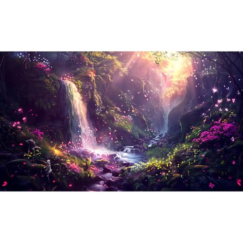 Fantasy Forest Aquarium Background Waterfalls Cascade Moss-Covered Rocks Fish Tank Background Golden Sunlight Lush Green Foliage Reptile Tank Backgrounds Paradise Oasis Terrarium Backgrounds 48x18in - color: Purple Green, size: 48(W)x18(H)inches/ 120(W)*4
