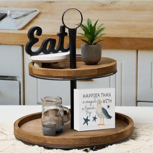 Happy Summer Sign Decor Summer Decorations for Home Funny Seagull Wooden Box Sign Desk Accessories Home Office Beach House Bedroom Bathroom Decor 5 X 5 Inch - color: Happier