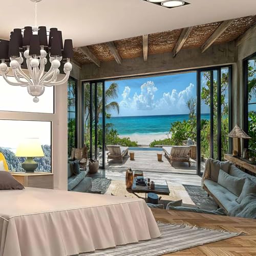 FENDROM Beach Decor Tapestry Ocean Sea Tropical Island Palm Tree Scenic View From Window Blue Sky,White Clouds Summer Tropical Scenery Wall Hanging Nature Tapestries For Bedroom Living Room Dorm - color: Beach, size: 59"L x 39"W