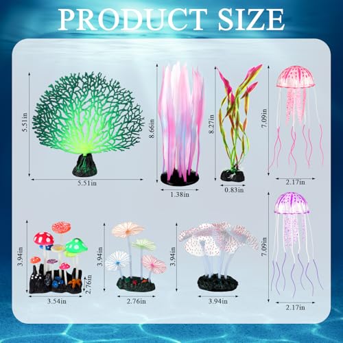 Frienda 8 Pieces Glowing Effect Fish Tank Decorations Artificial Plants with 2 Style Glowing Kelp, Sea Anemone, Simulation Coral, Jellyfish, Lotus Leaf, Mushroom for Aquarium Ornament(Purple, Pink) - color: Purple, Pink