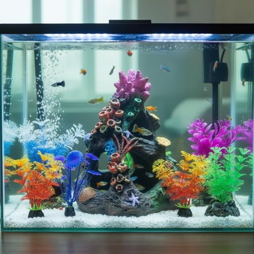 PINVNBY Colorful Coral Small Fish Tank Decorations with 4PCS Artificial Aquarium Plants, Resin Mountain Ornament for Goldfish Betta Fish Tank Cave Hideout Sleep Rest Play Breed - size: L，4 PCS water plants