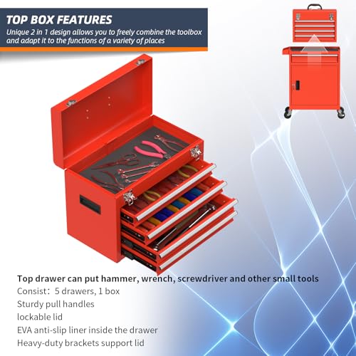 5-Drawer High Capacity Rolling Tool Chest, Removable Cabinet Storage Tool Box with Wheels and Drawers, Detachable Toolbox with Lock for Mechanics Garage Workshop and Tool Room (Red) - color: Red