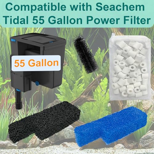 17 Set Aquarium Filter Media Replacement Kit Compatible with Seachem Tidal 55 Gallon (200 Liters) Large Aquarium Fish Tank Filter, Includes Brush, Carbon Sponge, Ceramic Rings, Blue Foam Filters - size: Seachem Tidal 55 Series