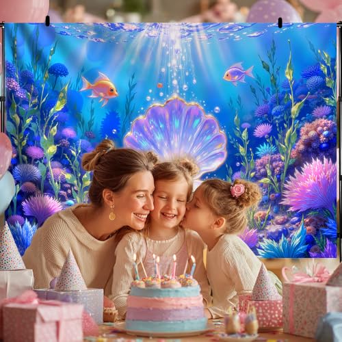 10x8ft DewPrint Underwater Backdrop for Under the Sea Party Decorations, Mermaid Ocean Scene with Giant Shell & Pearl, Coral Reef Fish Aquarium Background for Photography Kids Birthday Baby Shower - size: 10x8 FT/120x96in