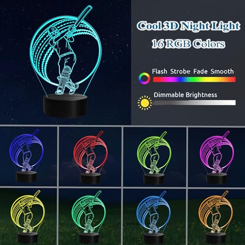 Cricket Gifts, Cricket Sport 3D Illusion Night Light with Remote Control, 16 RGB Colors, 4 Flashing Modes and Timer, Cricket Ball Stuff, Supplies and Accessories for Holiday Birthday Christmas - color: Color 4