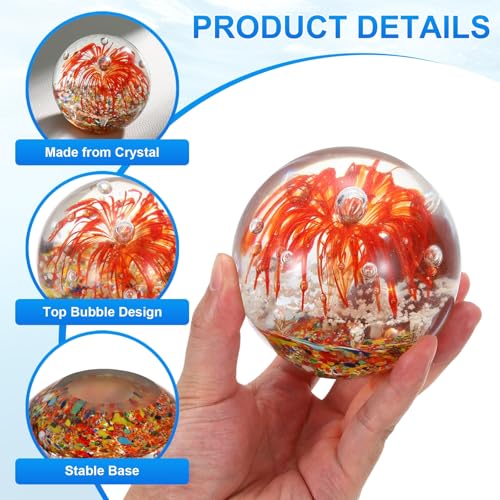 PATIKIL Glass Paperweight, 3.5'' Blown Glass Decor Crystal Ball Rainbow Light Effect Desktop Decor Fish Tank Ornament Unique Handmade Art Ocean Sculpture for Home Office, Red - color: Red