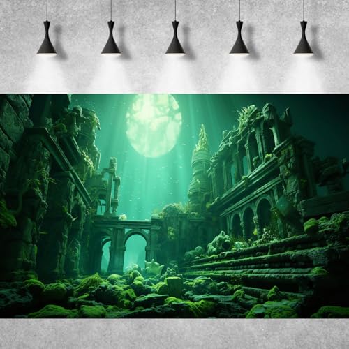 Underwater Aquarium Background Undersea Roman Building with Plants Around Seabed Fish Tank Background Underwater Building Stone with Moss Terrarium Background Undersea Aquarium Backdrop 24x16in - color: Ocean Green, size: 24(W)x16(H)in