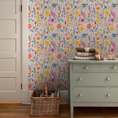 Colorful Fairy Flowers Garden Wildflower Pink/Yellow/Gree/Blue Peel and Stick Wallpaper Wall Decor Self Adhesive Wall Paper Stick on Easy Peel Off Contact for Renter Apartment - color: Fairy Colorful Garden, size: 17.7" x 118"