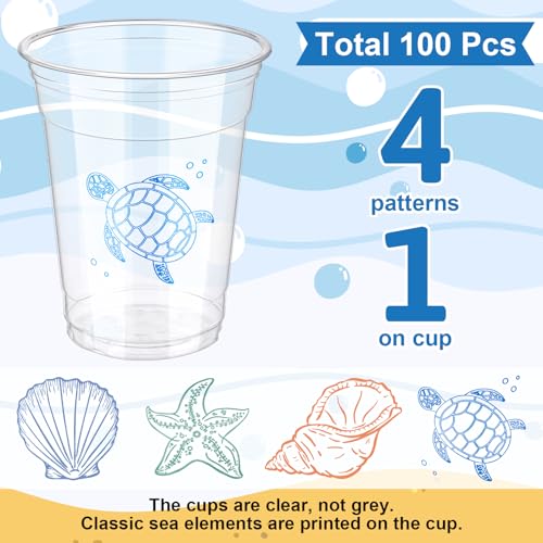Qinyoung 100 Pcs Ocean Party Disposable Cups 12 oz Clear Plastic Cups with Sea Pattern Ocean Party Supplies for Sea Birthday Decoration Supplies(Seaside) - style: Seaside