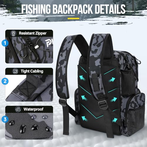 PLUSINNO Cooler Fishing Backpack with Rod Holders 45L Large Water-resistant Fishing Tackle bag Store Fishing Gear Fishing Gifts for Men Father - color: Black Camo