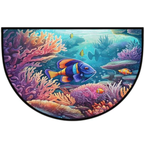 Front Door Rug Underwater Fish Coral Non-Slip Absorbent Half Round Doormat for Home Entrance Kitchen Bathroom Rubber Mats 36" x 24"