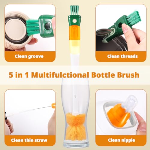 OUTXE 5 Pack Bottle Brush Set, 5-in-1 Water Bottle Cleaner Brush, 15" Long Handle Bottle Cleaning Brush, 3 Straw Brush, Removable Nipple Brush, Detail Brush for Cup Lid Gap, WBBSBLB5 - color: Orange, size: 5-in-1 Brush + Long Handle Brush