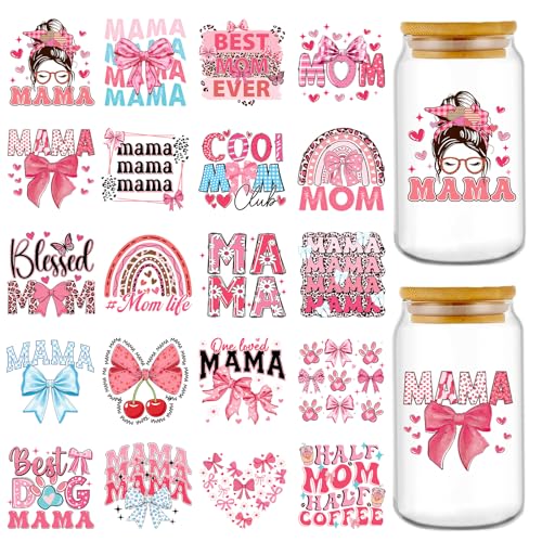 Rngmsi Mama UVDTF Cup Wrap - 20 Sheets Mom UV DTF Cup Wraps for 16 oz, Pink Bow Aesthetic Uvdtf Stickers for Glass Water Botters, Rainbow Flower Affirmative Rub on Transfer Decals - style: Mama