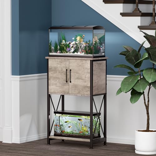 Herture 5-10 Gallon Fish Tank Stand, Metal Double Aquarium Stand with Cabinet for Fish Tank Accessories Storage, Heavy Duty 20.5" L* 11.02" W Tabletop, 500LBS Capacity Grey PG06YGZ