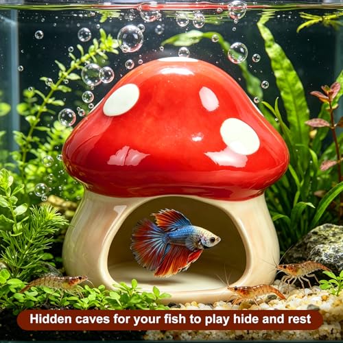 AnRui Ceramic Betta Fish Tank Accessories Decor Cute Mushroom House Aquarium Decoration Hideout Cave Ornament for Small Fish, Shrimp, Goldfish and Reptiles (Red) - color: Red
