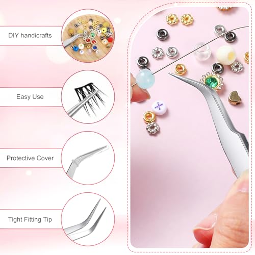 10 Pieces Tweezers for Crafting, Stainless Steel Curved Pointed Tweezers Precision Tweezer with Protective Cover for Eyelash Extensions Stickers Rhinestones Crafts (Silver) - color: Silver