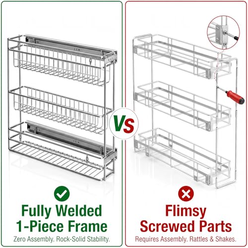 JOWBOOW Narrow Pull Out Cabinet Organizer, 4" Skinny Side Mount Spice Rack for Frameless Cabinets, Heavy Duty 3-Tier Zero Wobble Slide Out Shelf - size: 4"W Side-Mount (Frameless ONLY!)
