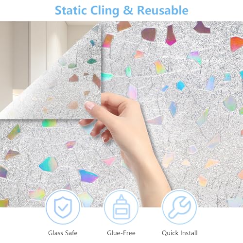 LEMON CLOUD Frosted Window Privacy Film,Stained Glass Static Cling,Decorative Rainbow Window Cling, Heat Control UV Blocking Removable Window Tint for Home Kitchen Bedroom Non-Adhesive,23.6" x 157.4" - color: Clear-rubble Pattern, size: 23.6 x 157.4 Inch