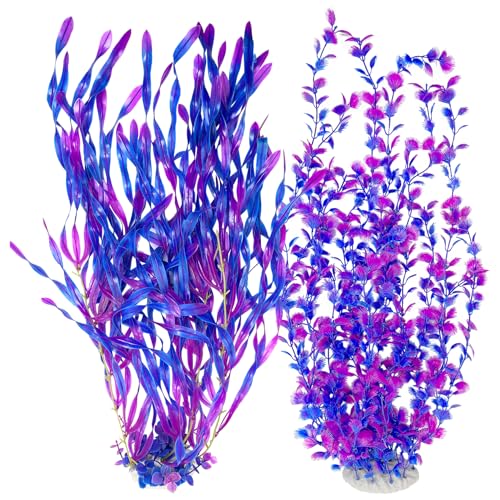Hamiledyi Tall Aquarium Plants 23 Inches - Fish Tank Decorations, Artificial Green Water Plants Grass Cluster, Soft Plastic Fake Decor 2PCS（Purple Style C） - color: Purple（style C）