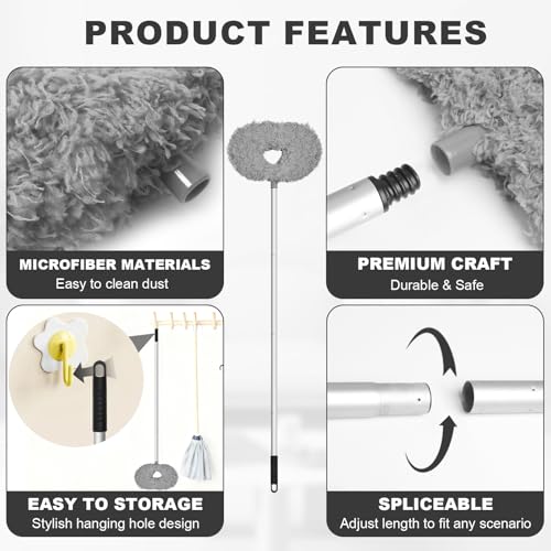 Storystore Ceiling Fan Cleaner Duster - Adjustable Duster with Extension Pole,Dusters for Cleaning Fan Blade, Walls and Cobweb (Grey) - color: Round-grey