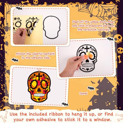 Renbuzhu 36PCS Dia De Los Muertos Crafts Bulk: Sugar Skull Paper Suncatchers DIY Kit for Day of The Dead Halloween Party Activities Decorations, Window Stained Glass Effect Art Supplies - style: dia de los muertos