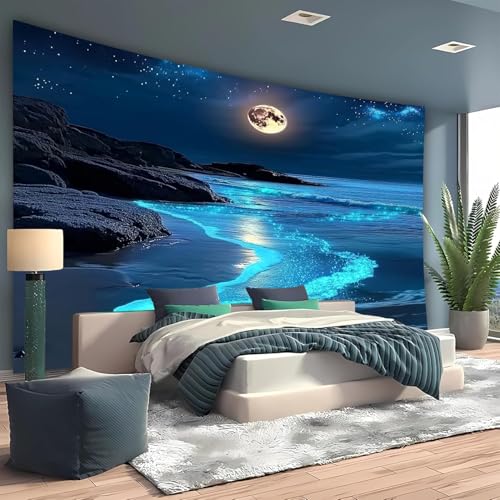 FENDROM 3D Fantasy Nature Sky Tapestry Stunningly Beautiful Moon Over Ocean Wall Hanging Landscape Wall Art Blanket for Bedroom Living Room - color: Blue, size: 59"L x 39"W