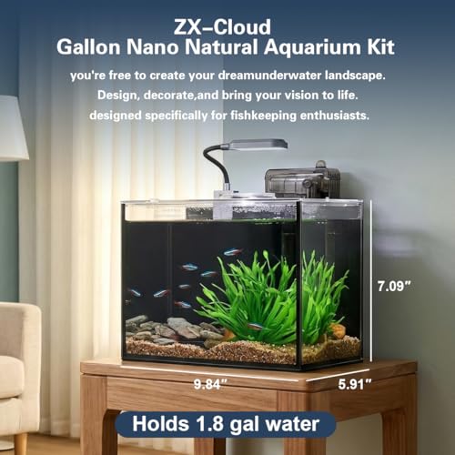 Betta Fish Tank,Aquarium Starter kit,1.8 Gallon Fish Tank Kit,Small Aquarium,Small Fish Tank,Ultra-Clear Nano Aquarium with Light,Filter,Cobblestone,Sand and Artificial Plants
