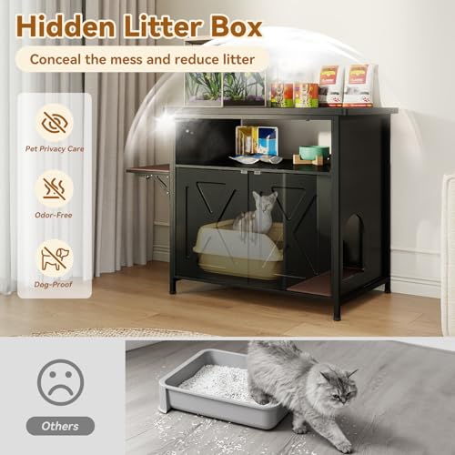 Verano Garden 40-50 Gallon Fish Tank Stand with Hidden Cat Litter Box Enclosure Furniture, Cat Viewing Aquarium Stand with Storage Shelf & Side Cat Perch, 36.2"x20.5" Tabletop, 660 LBS Capacity - color: Black