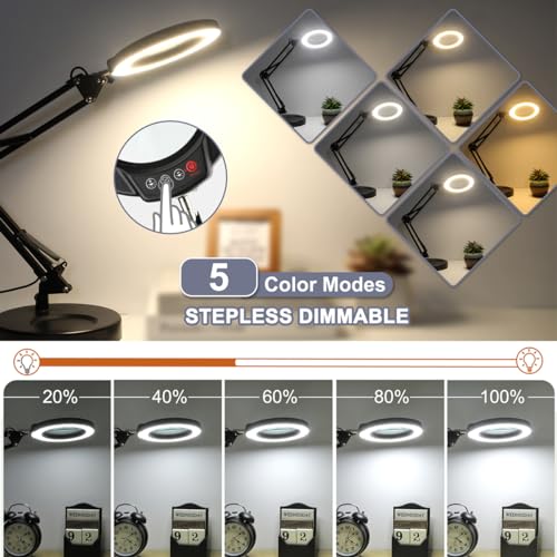 12X Magnifying Glass with Light, Krstlv Upgrade Button 5 Color Modes Stepless Dimmable 2-in-1 LED Lighted Desk Lamp & Clamp, Hands Free Magnifier with Light and Stand for Craft Hobby Repair Close Work - color: Black, size: 12X 17.8inch Base & Clamp
