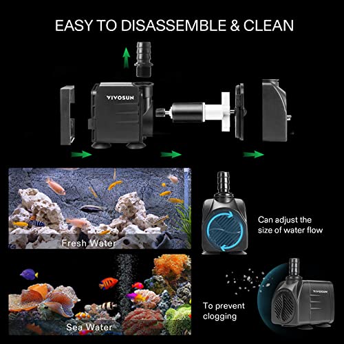 VIVOSUN 480GPH Submersible Pump(1800L/H, 25W), Ultra Quiet Water Pump with 7.2ft High Lift, Fountain Pump with 5ft Power Cord, 3 Nozzles for Fish Tank, Aquarium, Statuary, Hydroponics Black - size: 480GPH