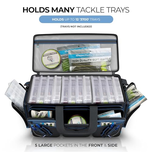 Reaction Tackle Fishing Tackle Bag – Salt Water Resistant Fishing Bag, 1000D PVC Waterproof Material, Tackle Box Organizer with Dividers for 3600 or 3700 Trays - color: D: XL Bag (without trays)