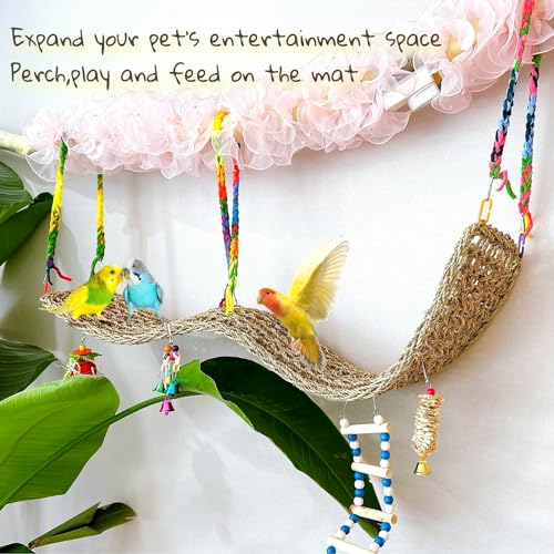Bird Seagrass Mat 39.4×7" Natural Grass Woven Net Hammock Hanging on Parrot Cage with Hooks Parakeet Climbing Rope Ladder Chew Toys for Lovebird Cockatiel Conure Budgie Cockatoo Supplies - size: 39.4×7''