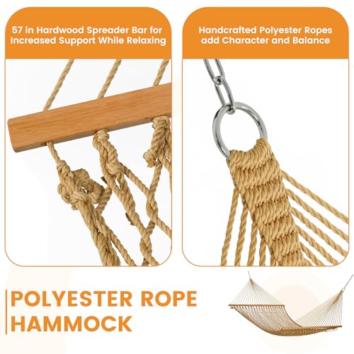 Lazy Daze Hammocks 13-FT Polyester Rope Hammock, Double 2 Person Traditional Hand Woven Outdoor Hammock with Spreader Bar, Carabiners, Tree Straps, Chains for Outside Patio- Max 450 Lbs, Tan - color: Tan
