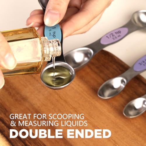 ChefAide Pack of 8 Stainless Steel Magnetic Measuring Spoons Set, Dual Sided, Stackable, Adjustable Teaspoon and Tablespoon Measure Spoon with Leveler, Kitchen Gadgets - color: Multicolor-4, size: Magnetic Measuring Spoons