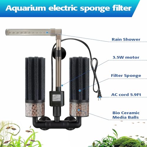 Electric Sponge Filter for Aquarium, Ultra Quiet Submersible Power Filter with Bio Media, Gentle Filtration for Shrimp, Betta,Nano and Fry Tanks - size: 20 to 75 Gal