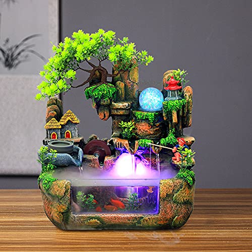 Tabletop Waterfall Fountain with Rockery, Mini Silent Indoor Ornament Desk Water Fountain Desktop Simulation Resin with Atomizer LED Small Fish Tank for Office Bedroom Home Decor Fisherman - color: Style 1